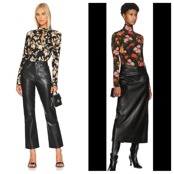 FREDA'S 🇨🇦 CANADIAN MADE Flower Print Black Stretch Mock Neck L/S Top Blouse - Picture 1 of 8